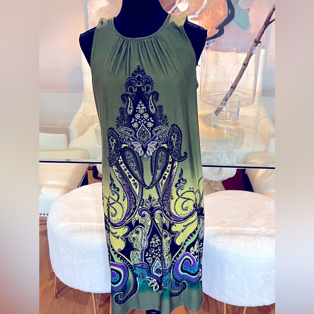 Olive green printed knee length dress - size L - Picture 1 of 2